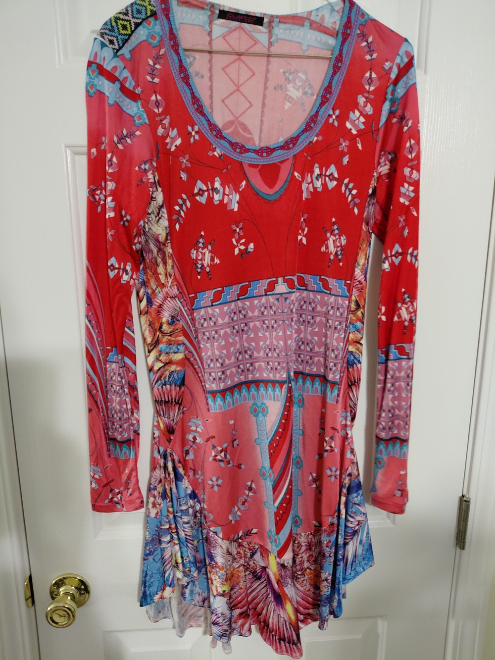 Custo Barcelona Red Mixed-Print Long Sleeve Scoop-Neck Dress
